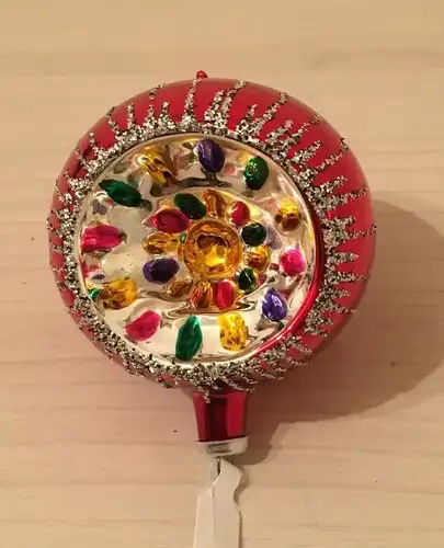 Baumschmuck,Kugel silber-rot bemalt,Glas,ca.1960,zum Aufhängen