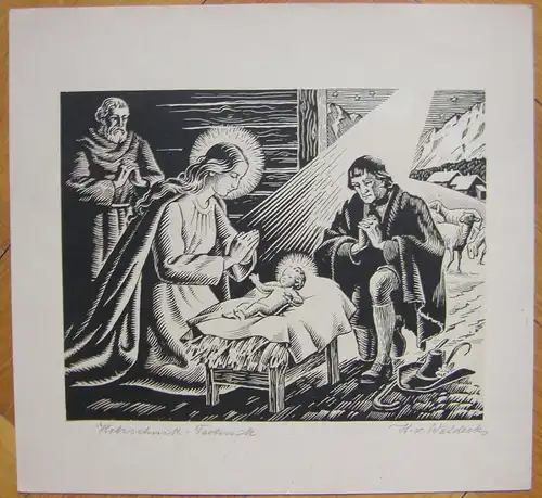 Original-Holzschnitt Heilige Familie in Bethlehem, signiert „H. v. Waldeck“