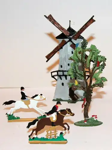 Zinnfiguren,handbemalt,Reiter mit Baum und Windmühle,ca.1970