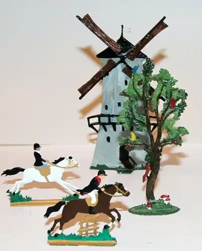 Zinnfiguren,handbemalt,Reiter mit Baum und Windmühle,ca.1970