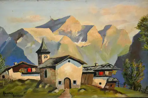 Ölbild,Hermann Krauss,Alpenlandschaft,Gebirgsdorf,ca.1930