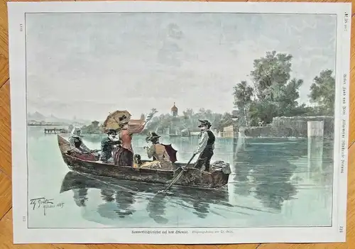 Colorierter Holzstich „Sommerfrischlerfahrt auf dem Chiemsee“ nach Theodor Grätz