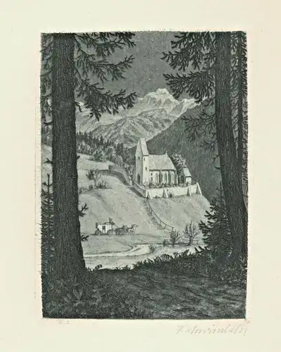 Original-Radierung, Blick auf eine  Kirche im Voralpenland mit Postkutsche