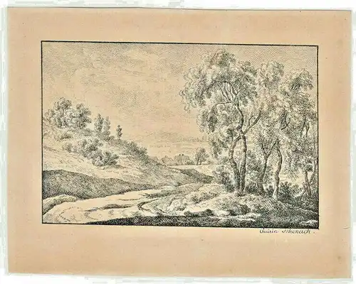 Kleine Original-Lithographie, Hügelige Landschaft signiert „Quirin Schenach“