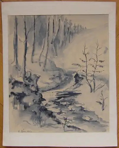 Original-Aquarell ,Bachlauf im Wald, datiert 11. März 1951, unsigniert
