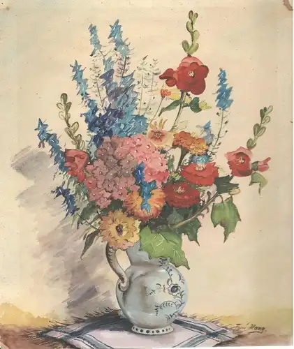 Doppelaquarell Vase mit Blumen / Winterlandschaft signiert „Toni Haag 46'“