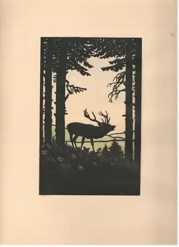 Original-Scherenschnitt „Hirsch im Wald“ mit dezent coloriertem Hintergrund