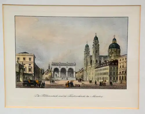 Stahlstich,München,kol.,Feldherrnhalle u.Theatinerkirche,gerahmt,ca.1860,Poppel