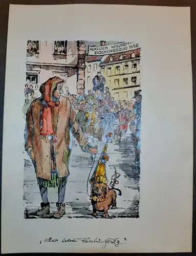 Aquarell, Karl-Sally Bauer-Oltsch,Der letzte Faschingszug,1958