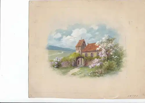 Aquarell,Frühlingslandschaft mit Kirschblüte und Kirche,England um 1920