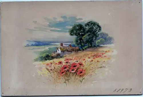 Aquarell,Bauernhaus auf dem Land hinter einem Mohnfeld,England um 1920