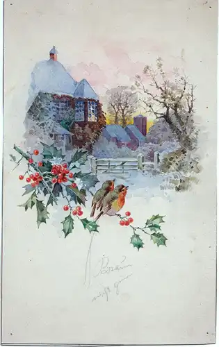 Aquarell,Winterszene,Vögel,Stechpalme,Haus u.Kirche, England,wohl Ruep.ca.1930