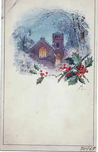 Aquarell,Kirche in winterlicher Landschaft.wohl Entwurf für eine Karte,um 1930