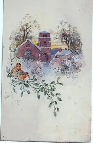 Aquarell,Kirche in winterlicher Landschaft.Sign. Ruep,um 1930