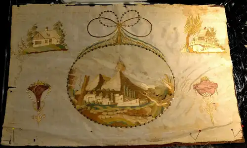 Seidenstickerei,um 1824, Vulkanausbruch ev. Vesuv,Italien,