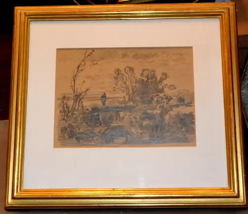 Bleistiftzeichnung,Joseph Wenglein,Kühe in einem Bach, signiert,Passepartout,ger
