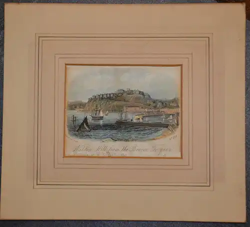 Grafik,koloriert,Torquay Harbor mit Waldon Hill um 1860