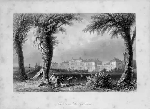 Schloss zu Schleissheim,Stahlstich,Passepartout,gerahmt, ca.1850