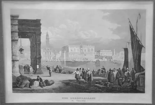 Venedig, Dogenpalast über Canale Grande, am Ufer Hafen mit Staffage,ca 1850