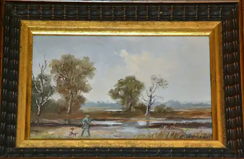 Gemälde,Öl auf Holz,Landschaft mit Jäger u. Hund vor Gewässer,sign,.20.Jhdt