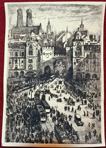 Lithografie,Sepia,München,Stachus 1920,unleserlich signiert u. datiert