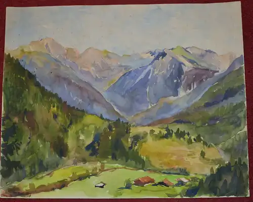 Aquarell,Voralpenlandschaft mit Gehöft,ca.1940,unsigniert,Papier leicht geknickt