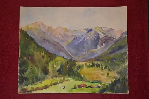 Aquarell,Voralpenlandschaft mit Gehöft,ca.1940,unsigniert,Papier leicht geknickt