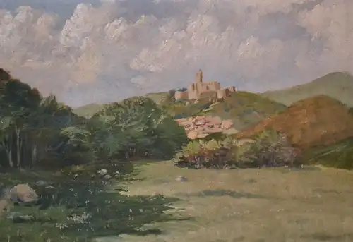 Ölbild,Adolf Rau,Landschaft mit Stadt und Burg im Hintergrund,gerahmt