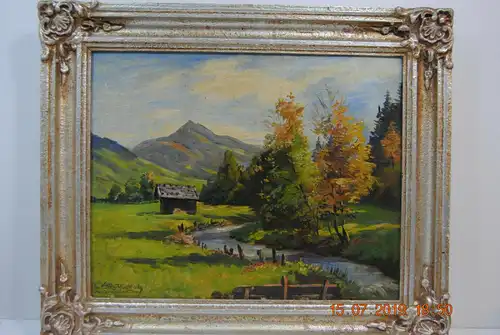 Ölbild,Paul Götz-Räcknitz,München, Landschaft mit Bach im Voralpenland