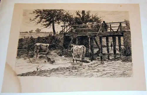 Radierung,Otto Keitel 1862-1902,Landschaft mit Bach und Kühen,1896