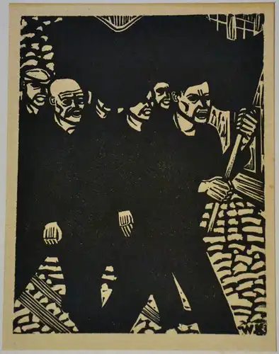 Holzschnitt, Arbeiter demonstrieren mit Fahne,Monogrammiert W.K., wohl um 1920