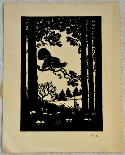 Scherenschnitt, Auerhahn auf einem Ast am Waldesrand,signiert, wohl um 1930