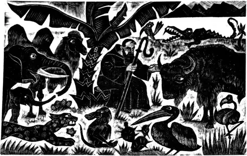 Linolschnitt,Hl.Franz von Assisi od.Hl.Antonius mit Tieren,i.d.Wüste ca.1920