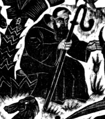 Linolschnitt,Hl.Franz von Assisi od.Hl.Antonius mit Tieren,i.d.Wüste ca.1920