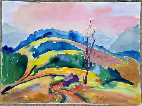 Aquarell,J. Müller, Voralpenlandschaft Impression,ca.1964.