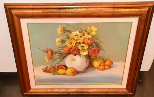 Gemälde,Öl a.Leinwand,Blumen in weisser Vase mit Obst,sign.Alfio Ponroc,ca.1970