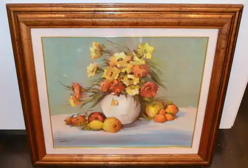 Gemälde,Öl a.Leinwand,Blumen in weisser Vase mit Obst,sign.Alfio Ponroc,ca.1970