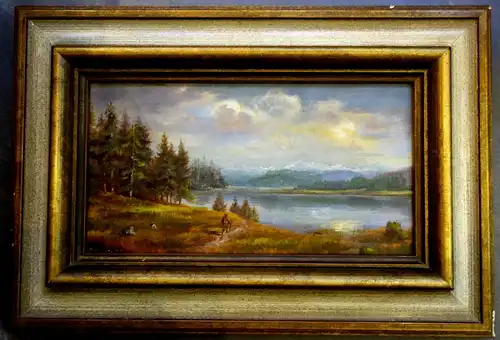 A.Brandmeier,Ölbild,klein,alpenländische Landschaft mit See,gerahmt