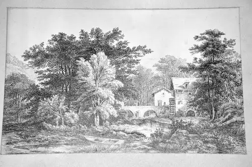 Tuschfederzeichnung,alte Wassermühle in Waldlandschaft,um 1850,wohl Frankreich