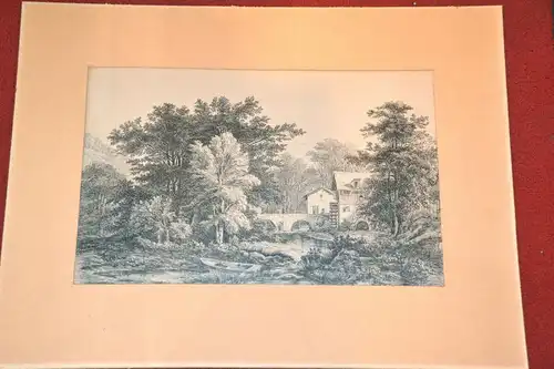 Tuschfederzeichnung,alte Wassermühle in Waldlandschaft,um 1850,wohl Frankreich