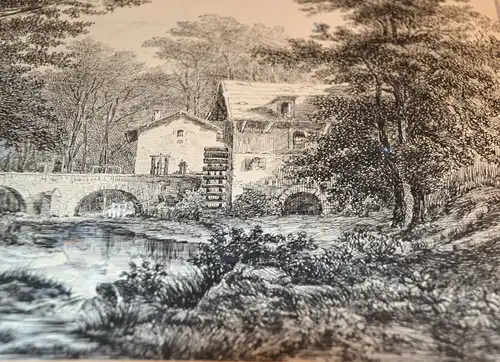 Tuschfederzeichnung,alte Wassermühle in Waldlandschaft,um 1850,wohl Frankreich