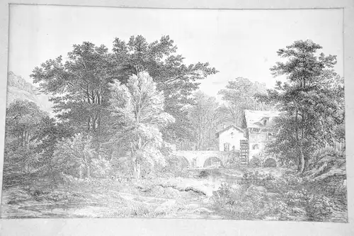 Tuschfederzeichnung,alte Wassermühle in Waldlandschaft,um 1850,wohl Frankreich