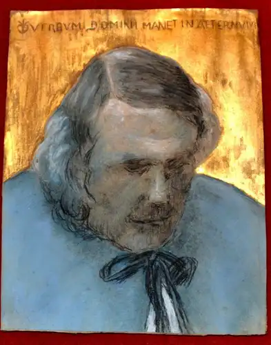 Kreidezeichnung,Portrait,Blau-Gold,Verbum Domini manet in æternum.Biedermeierrah