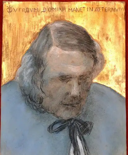 Kreidezeichnung,Portrait,Blau-Gold,Verbum Domini manet in æternum.Biedermeierrah