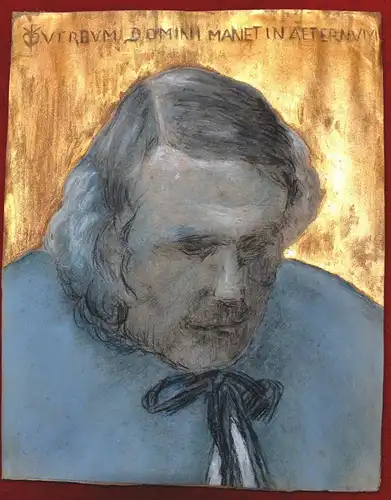 Kreidezeichnung,Portrait,Blau-Gold,Verbum Domini manet in æternum.Biedermeierrah