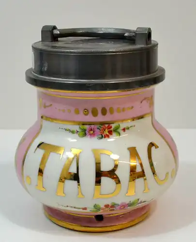 Tabaksdose,Porzellan, mit Zinn-Schraubdeckel,handbemalt,19.Jhdt.