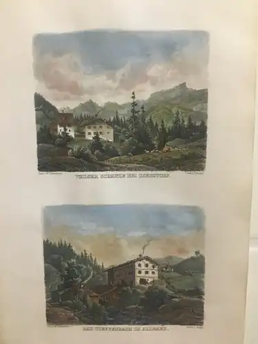 Allgäu , Zwei Stahlstiche koloriert, Wasser Schanze und Bad Tiefenbach  ca 1930