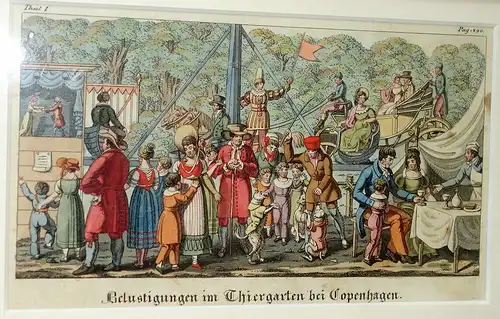 Kupferstich,altkoloriert,Belustigungen im Thiergarten bei Kopenhagen,1820