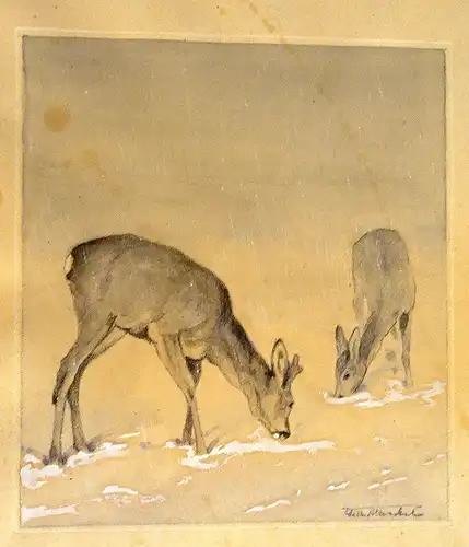 Rehe im Winter,Farblithografie,weiß gehöht,gerahmt,signiert