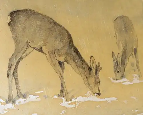 Rehe im Winter,Farblithografie,weiß gehöht,gerahmt,signiert